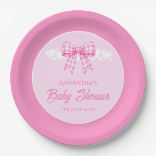 Pink Gingham Bow Girl Baby Shower Paper Plates
