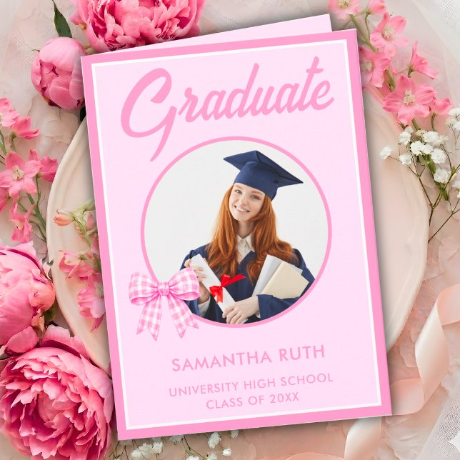 Pink Gingham Bow Graduate Photo Graduation  Card (Creator Uploaded)