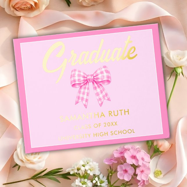 Pink Gingham Bow Graduation Party Foil Guest Book (Creator Uploaded)