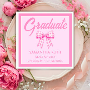 Pink Gingham Bow Graduation Party Napkins