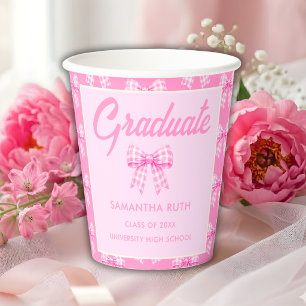 Pink Gingham Bow Graduation Party Paper Cups