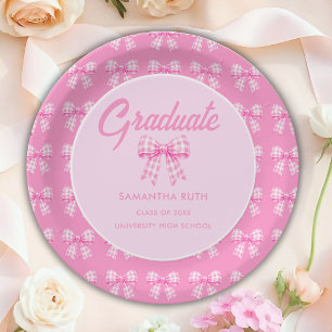 Pink Gingham Bow Graduation Party Paper Plates