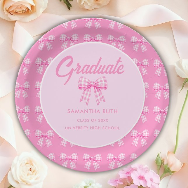 Pink Gingham Bow Graduation Party Paper Plates (Creator Uploaded)