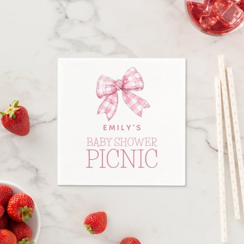 Pink Gingham Bow Name Baby Shower Picnic Napkins