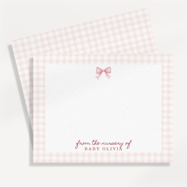 Pink Gingham Bow Nursery Note Card (Creator Uploaded)