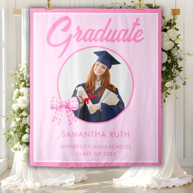 Pink Gingham Bow Photo Graduation Party Backdrop (Creator Uploaded)