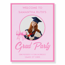 Pink Gingham Bow Photo Graduation Welcome Sign