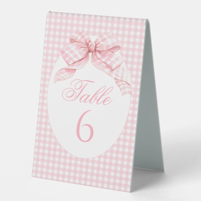 Pink Gingham Bow Preppy Baby Girl Table Numbers Table Tent (Front)