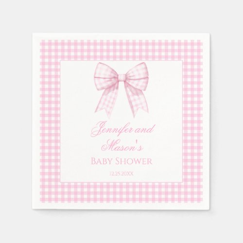 Pink gingham bow ribbon baby girl shower napkins