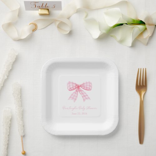 Pink Gingham Bow Ribbon Coquette Personalized Paper Plates