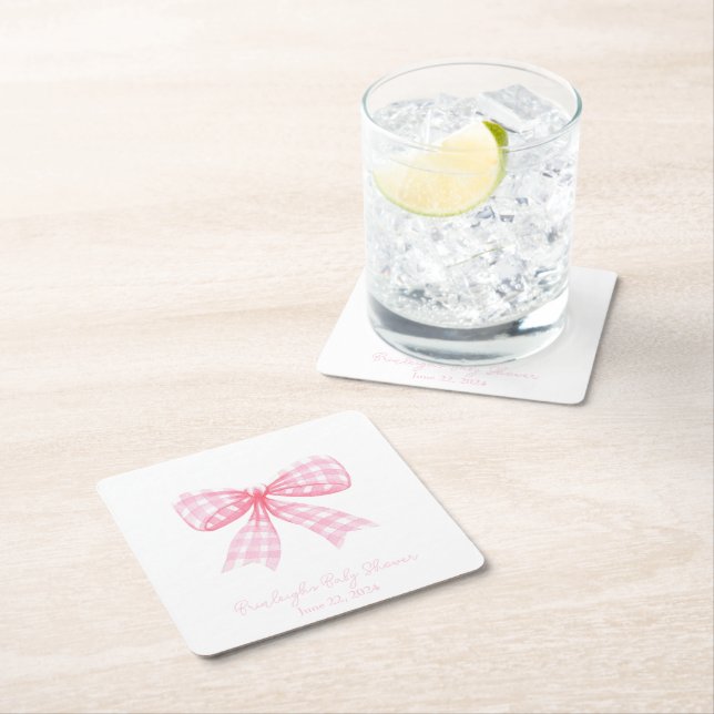 Pink Gingham Bow Ribbon Coquette Personalized Square Paper Coaster (Insitu)