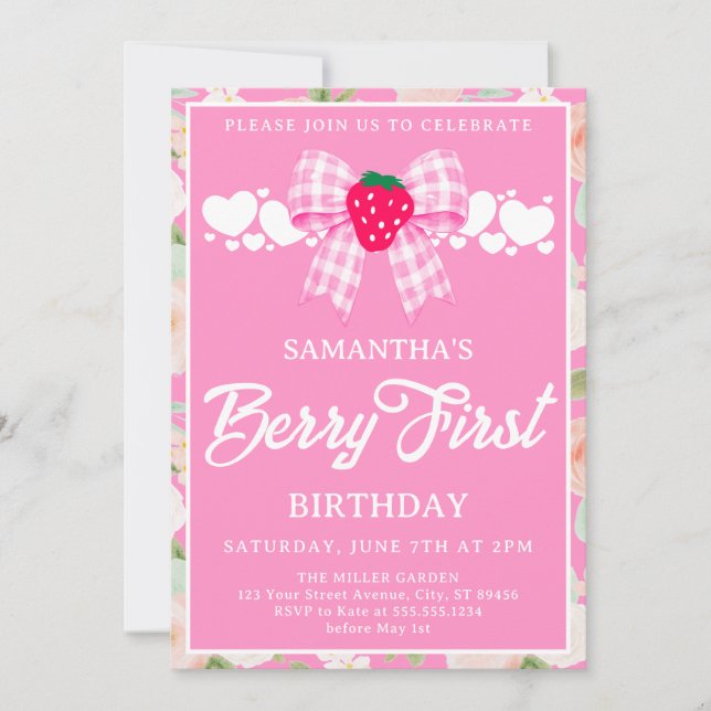 Pink Gingham Bow Strawberry First Birthday Party Invitation (Front)