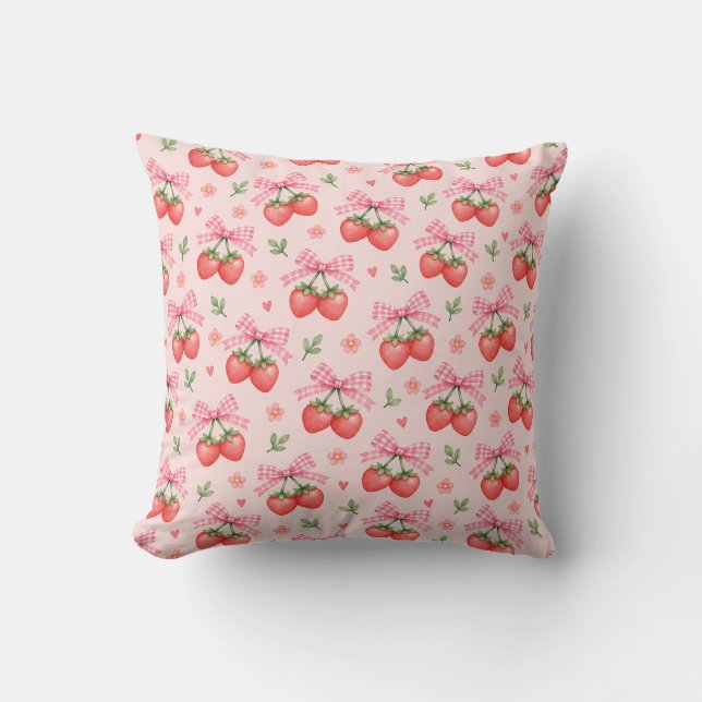 Pink Gingham Bow Strawberry Floral Pattern Throw Pillow (Front)