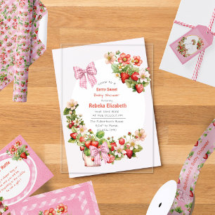 Pink Gingham Bow Strawbery Baby Shower Invitation
