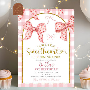 Pink Gingham Bow Sweetheart Birthday  Invitation