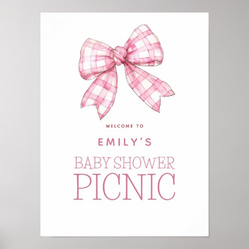 Pink Gingham Bow Welcome Baby Shower Picnic Poster