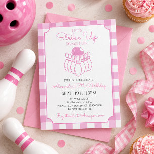 Pink Gingham Bowling Birthday Party Invitation