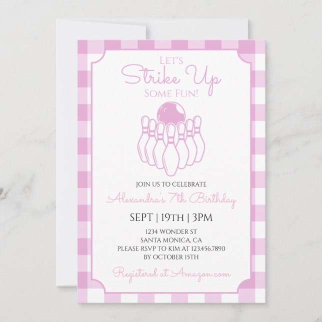 Pink Gingham Bowling Birthday Party Invitation (Front)