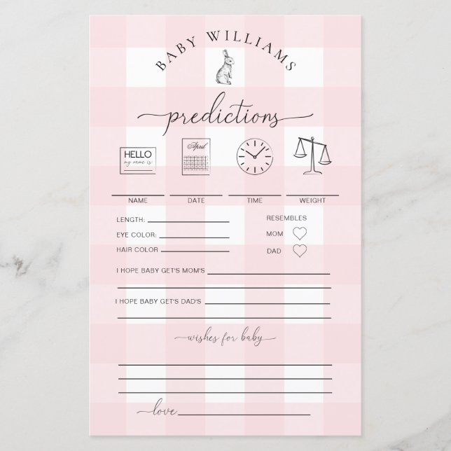 Pink Gingham Bunny Baby Predictions Game (Front)