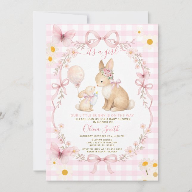 Pink Gingham Bunny Baby Shower Butterfly Daisy Invitation (Front)
