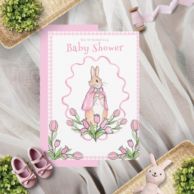 Pink Gingham Bunny Baby Shower Invitation (Creator Uploaded)