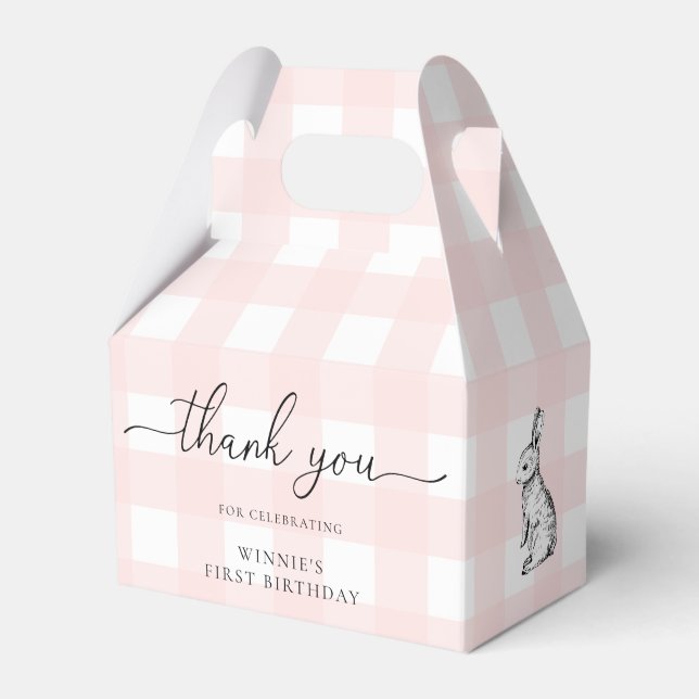 Pink Gingham Bunny Birthday Thank You Favor Box (Front Side)