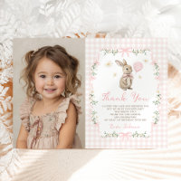 Pink Gingham Bunny Bow Girl Birthday Photo