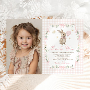 Pink Gingham Bunny Bow Girl Birthday Photo Thank You Card
