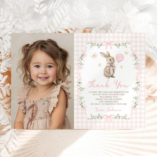 Pink Gingham Bunny Bow Girl Birthday Photo Thank You Card (Creator Uploaded)