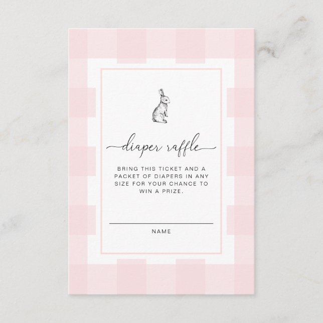 Pink Gingham Bunny Diaper Raffle Ticket Enclosure Card (Front)