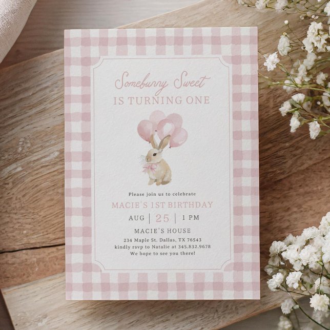 Pink Gingham Bunny First Birthday Invitation (Creator Uploaded)