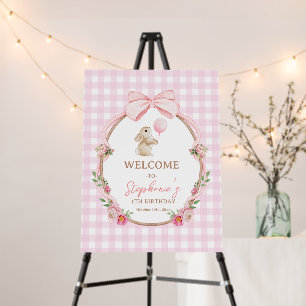 Pink Gingham Bunny Floral Birthday Welcome Foam Board