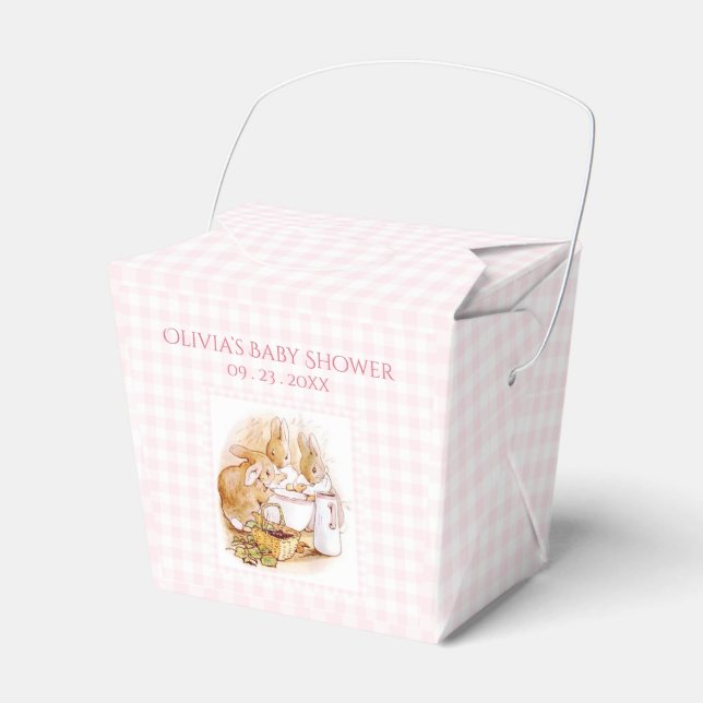 Pink Gingham Bunny Rabbit Baby Shower Favor Boxes (Front Side)