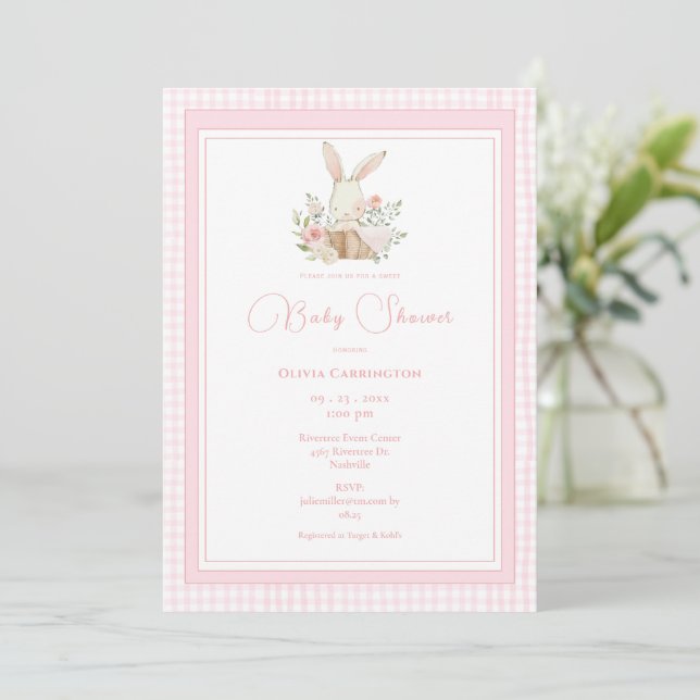 Pink Gingham Bunny Rabbit Baby Shower Invitation (Standing Front)