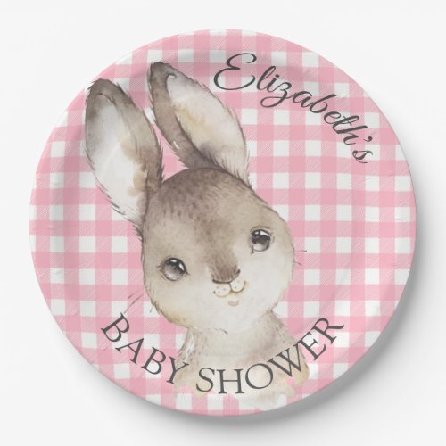 Pink Gingham Bunny Rabbit Baby Shower Paper Plate