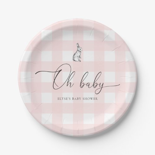 Pink Gingham Bunny Rabbit Baby Shower Paper Plates