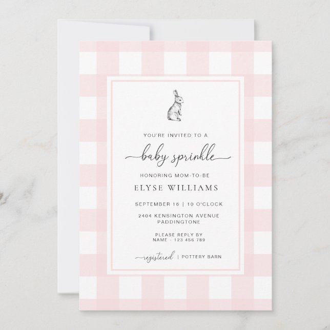 Pink Gingham Bunny Rabbit Baby Sprinkle Invitation (Front)