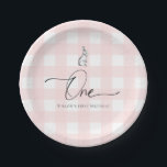 Pink Gingham Bunny Rabbit First Birthday Paper Plates<br><div class="desc">These first birthday paper plates feature a timeless gingham design with a modern hand-lettered font and a hand-illustrated bunny rabbit. For more advanced customization of this design,  simply select the "Customize It" button above.</div>