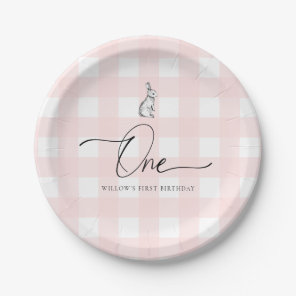 Pink Gingham Bunny Rabbit First Birthday Paper Plates