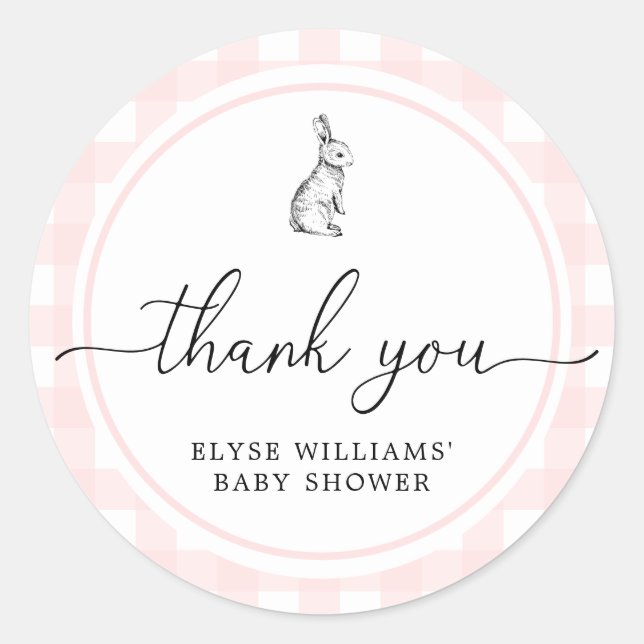 Pink Gingham Bunny Rabbit Shower Favor Sticker (Front)
