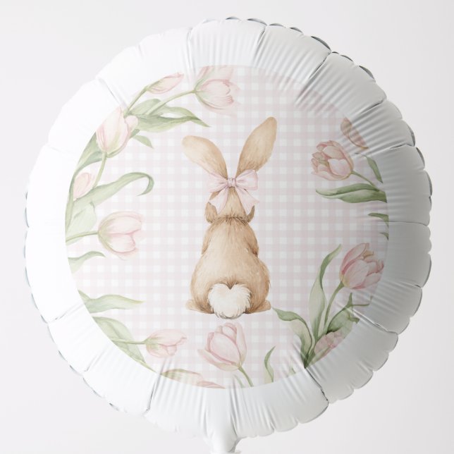 Pink Gingham Bunny Rabbit Tulips Floral  Balloon (Front)