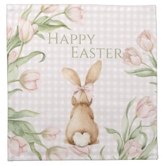 Pink Gingham Bunny Rabbit Tulips Floral Cloth Napkin