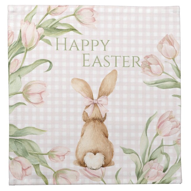 Pink Gingham Bunny Rabbit Tulips Floral  Cloth Napkin (Front)