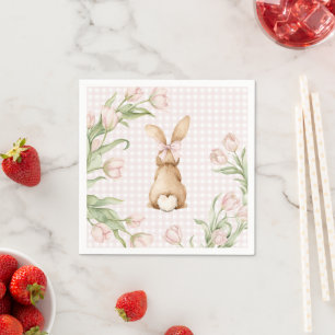 Pink Gingham Bunny Rabbit Tulips Floral Napkins