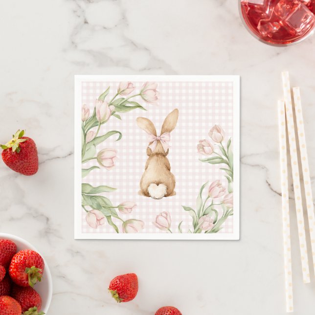 Pink Gingham Bunny Rabbit Tulips Floral  Napkins (Insitu)