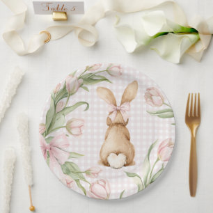 Pink Gingham Bunny Rabbit Tulips Floral Paper Plates