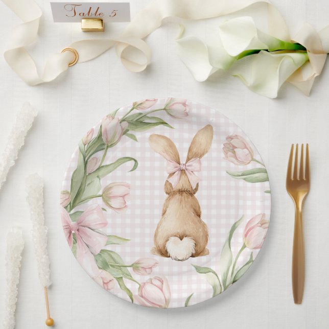 Pink Gingham Bunny Rabbit Tulips Floral  Paper Plates (Wedding)