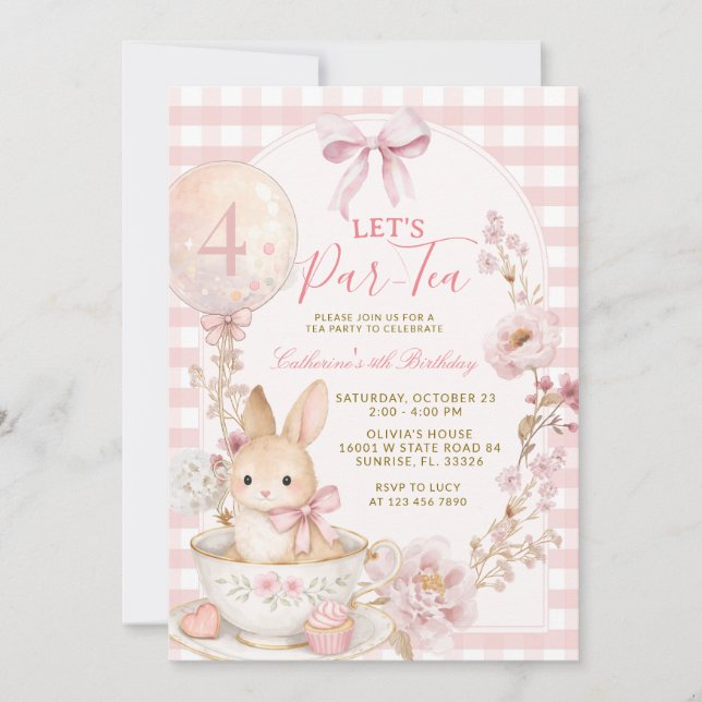Pink Gingham Bunny Tea Party Girl Birthday  Invitation (Front)