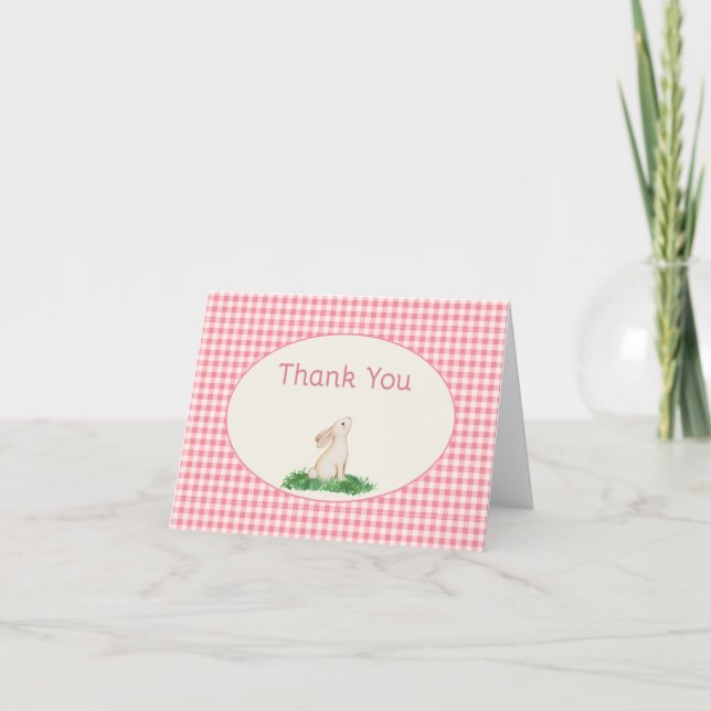 Pink Gingham Bunny Thank You Card (Front)