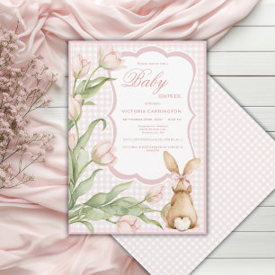 Pink Gingham Bunny Tulips Vintage Baby Shower  Invitation